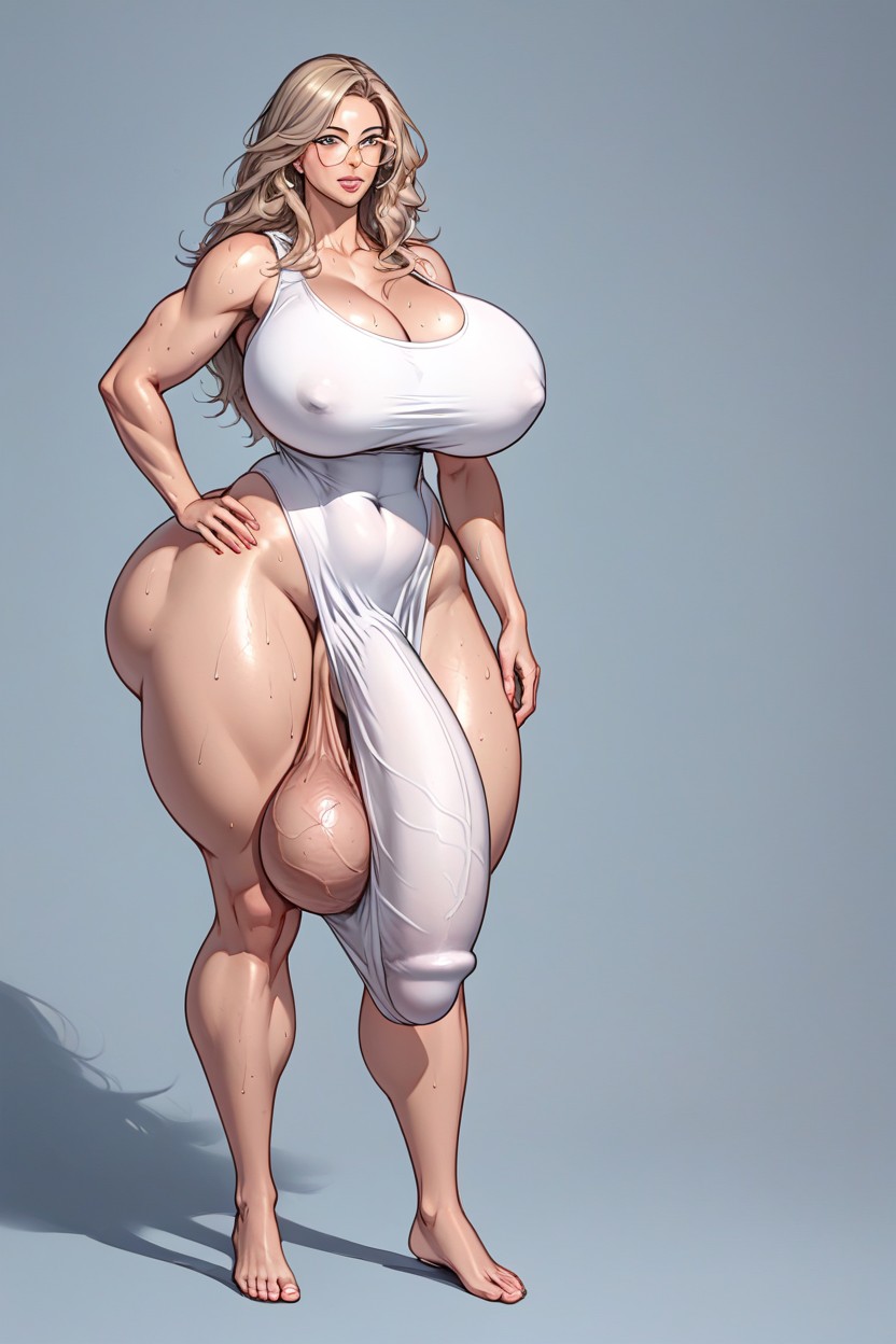 Thong, Large Circle Glasses, White Clothes Shemale AI Porn