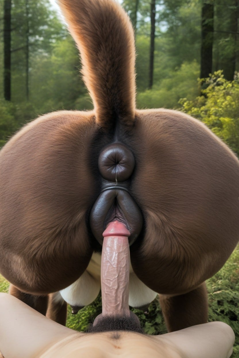 Prominent Canine Pussy, Foliage In Foreground, Side View Furry AI Porn