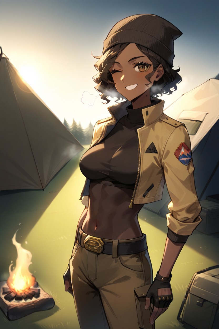 Fully Clothed, Gold Camping Jacket, Tent In The Background AI Porn