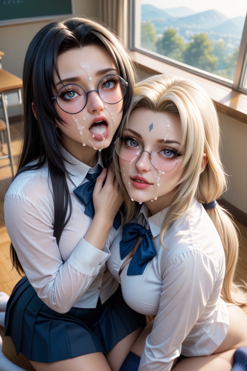 Cumshot, Massive Cum On Faces, Kneeling Next To Each Other AI Porn