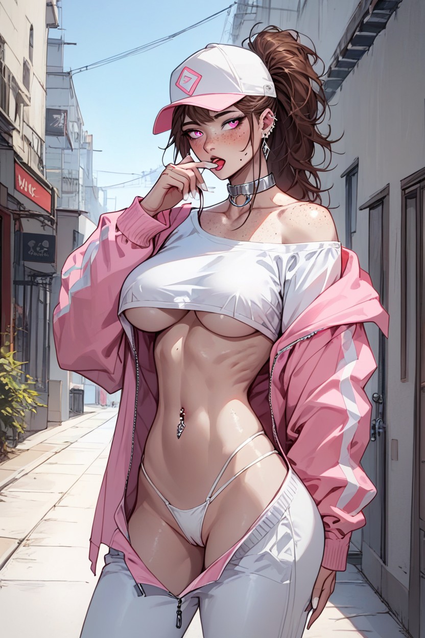 Navel Piercing, Straight Hair, Messy Ponytail AI Porn