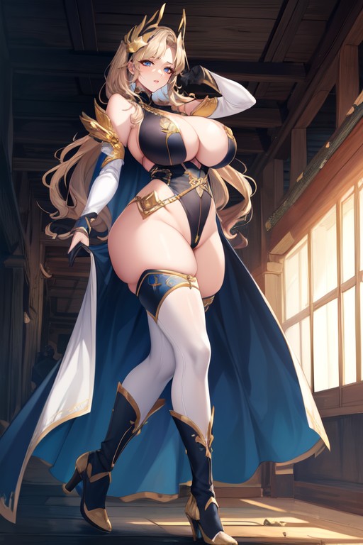 With Lean Muscle, Yellow Shoulder-length Satin Gloves, Yellow Thigh-high Heeled Boots AI Porn