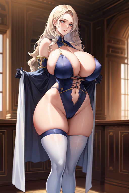 Wearing A White -sleeved Leotard With Yellow Trimming, Full Body, And A Huge AI Porn