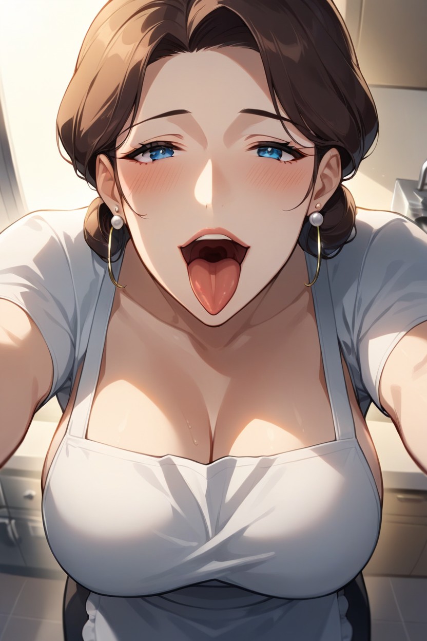 Spit In Mouth, Apron, Brunette Hentai AI Porn