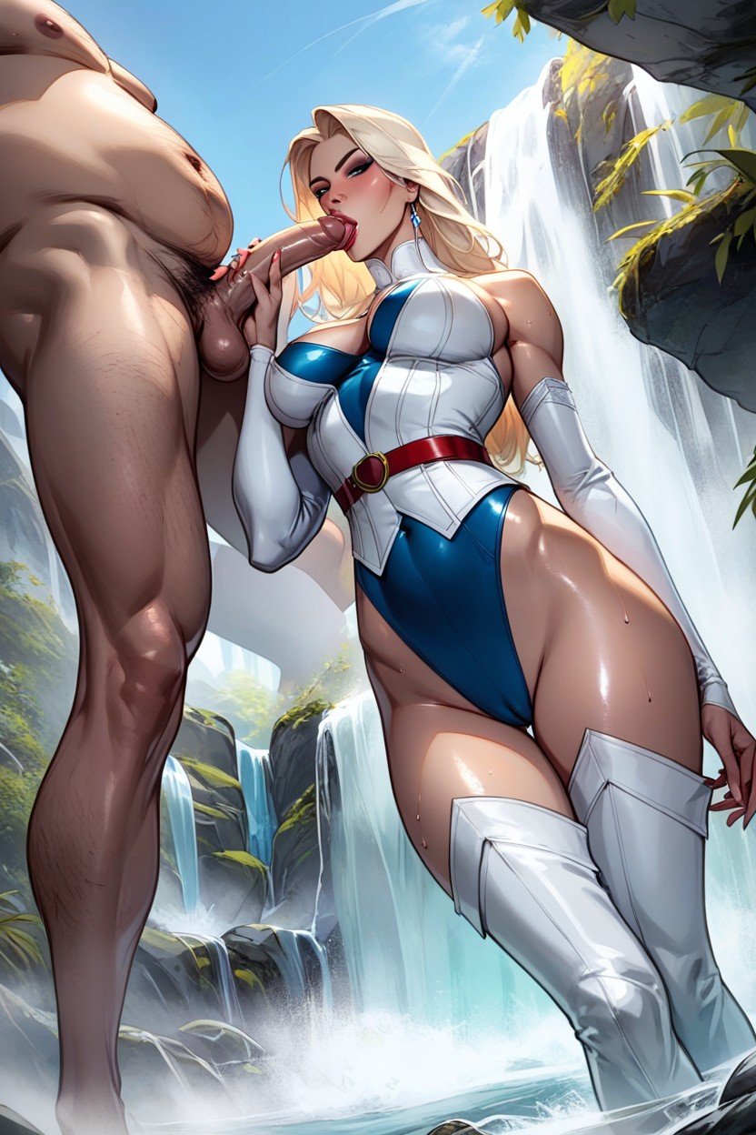 Front View, Psylocke From X-men Wearing A Blue Leotard With A Red Belt  Around Her
