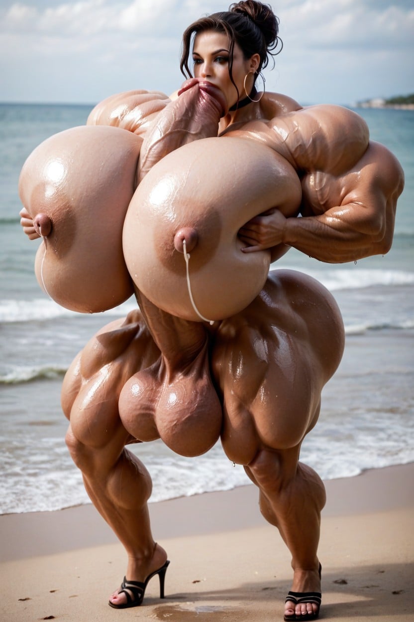 Breasts Pressed Firmly Together Around Her Cock Shaft, Cock Begins At Clitoral Location, Photorealistic Shemale AI Porn