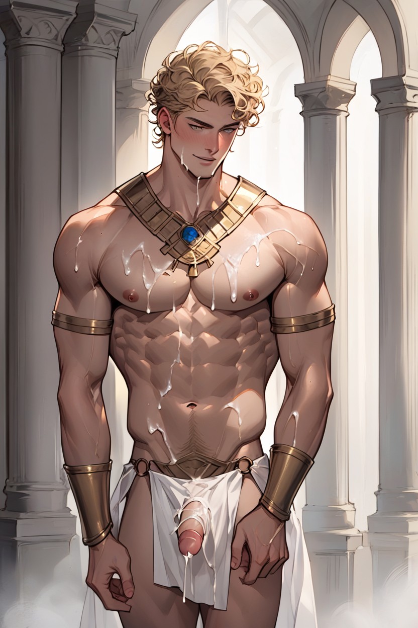 Blonde Curly Hair, In Roman Baths, Center Of Bukakke ИИ гей порно