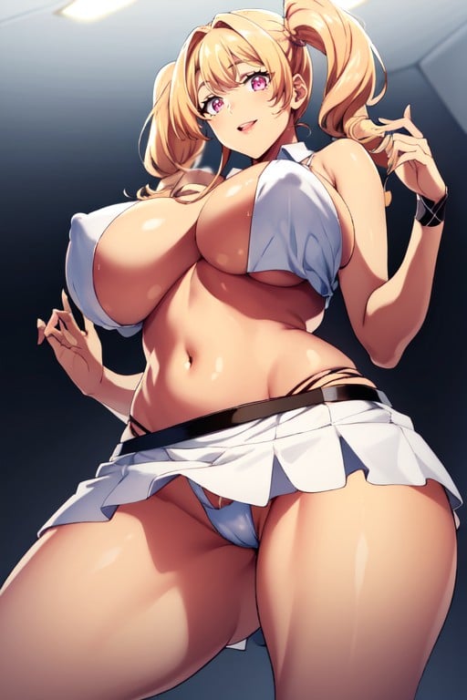 White Super Short Unbuttoned Top On Bare Chest, Thick Thighs, Bright Orange Color Skin Hentai AI Porn