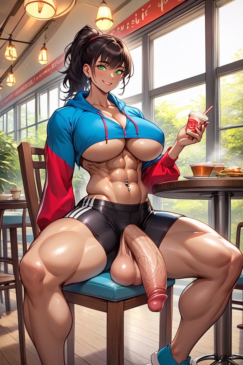 Exaggerated Shelf-like Butt, Cleavage, Six Pack Abs Shemale AI Porn