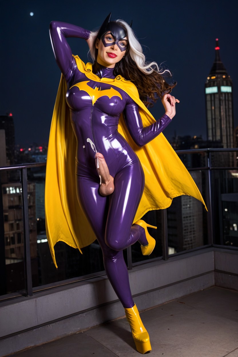 Yellow Latex Cape, Batman, Long Wavy Hair Shemale AI Porn