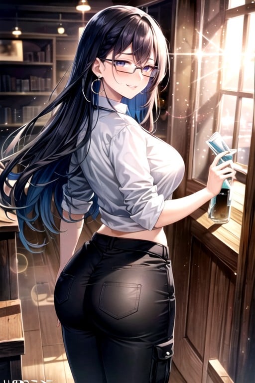 Big Eyes, Back Towards Viewer, Black Bra Hentai IA