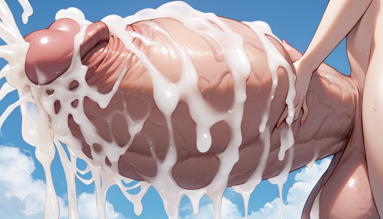 Sucking Own Massive Long Gigantic Erected Dinosaur Penis Raveneously, Sticking Out Penis Overhead, Front View Shemale AI Porn