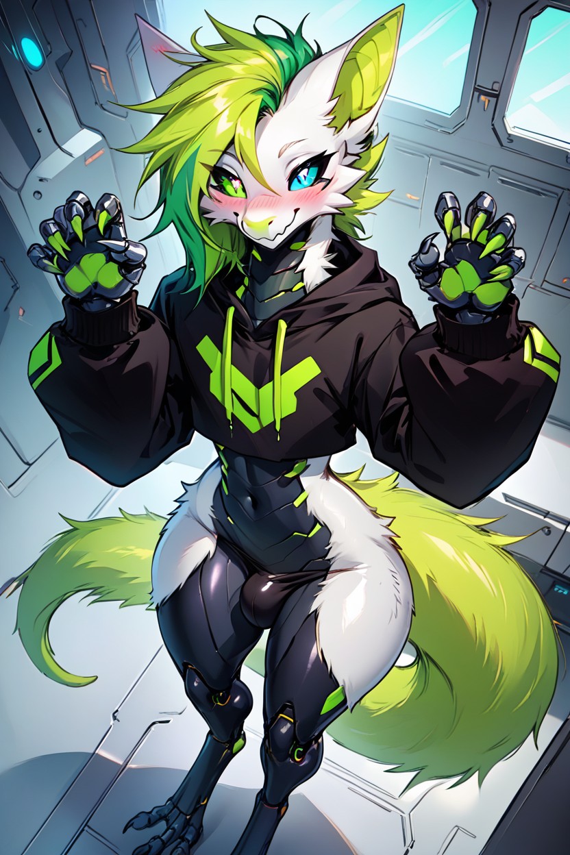 Large Legs, Lime Green Black Bodysuit, Lime Green Hair Furry AI Porn