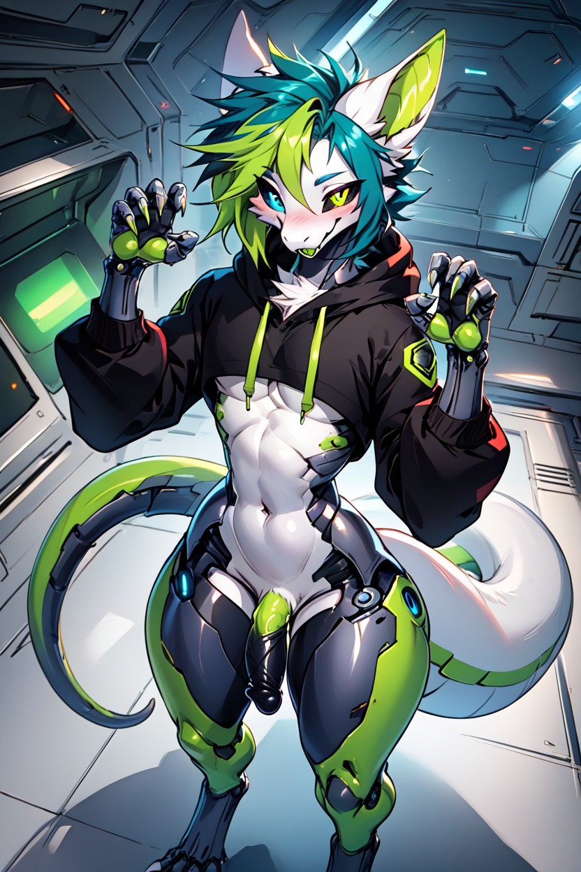 Lime Green Hair, Multi Colored Hair, One Lime Green Eye Furry AI Porn