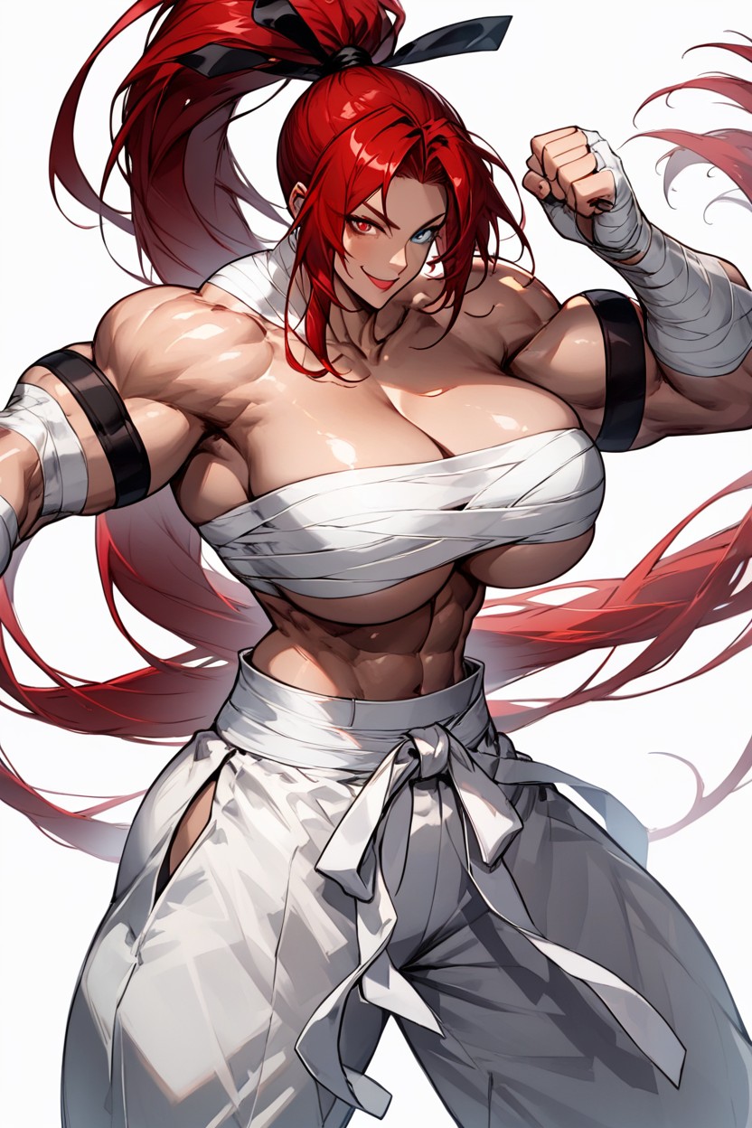 Gigantic Forearms, Gigantic Extremly Muscular Female, Ponytail Tied With A Long Black Ribbon AI Porn