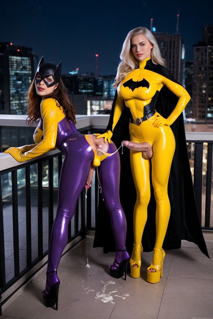 Platinum Blonde Supergirl Fucking, Purple Latex Catsuit, Bent Over Pornografia peluda com IA