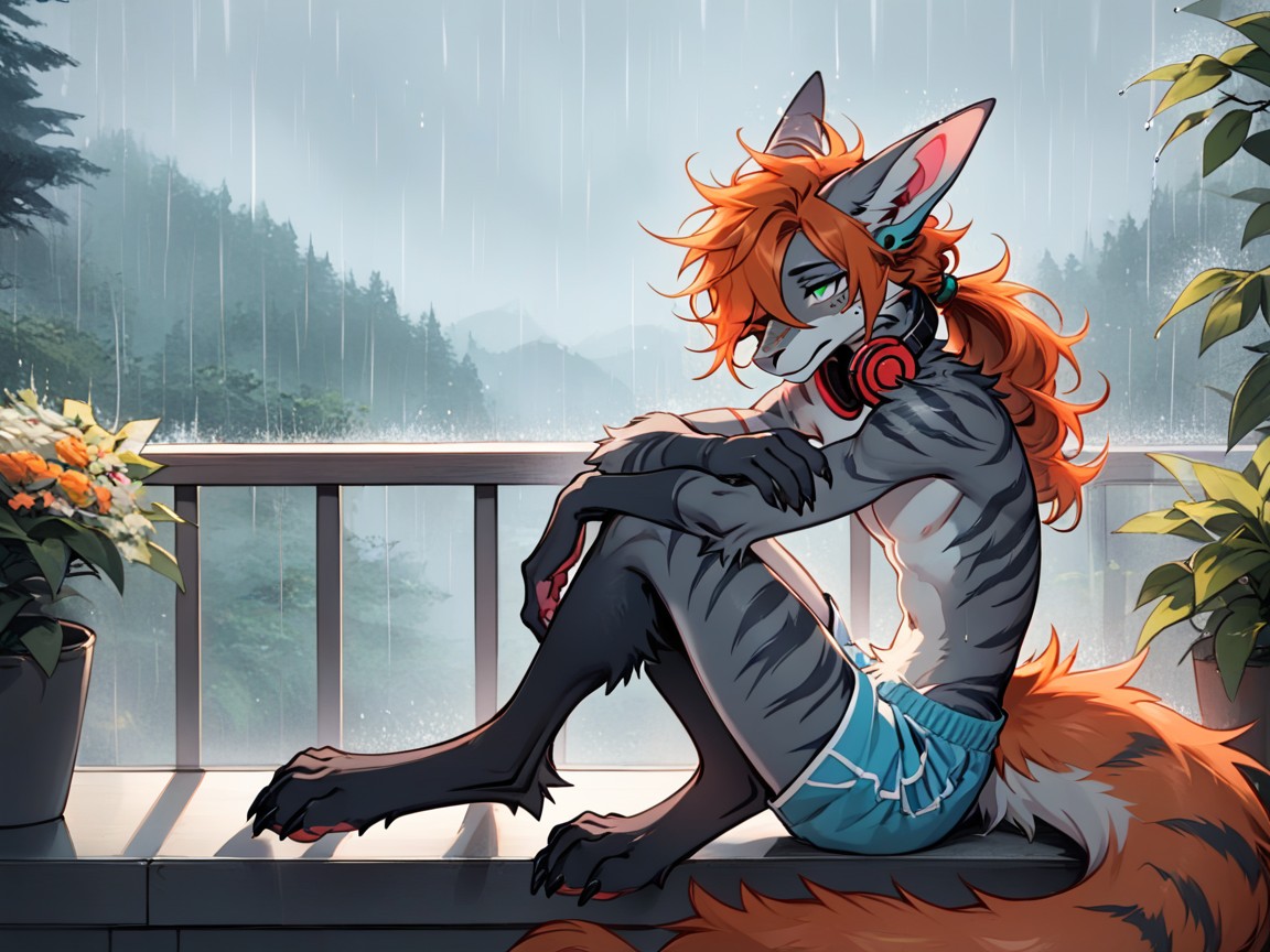 One Eye Closed By Hair, Skinny, Raining Furry AI Porn