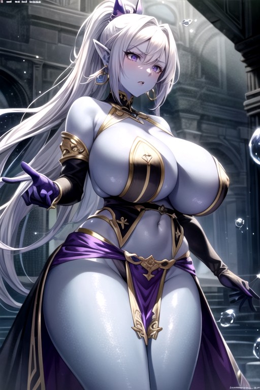 Hourglass Figure, Elbow-length Dark Purple Gloves, Midriff AI Porn