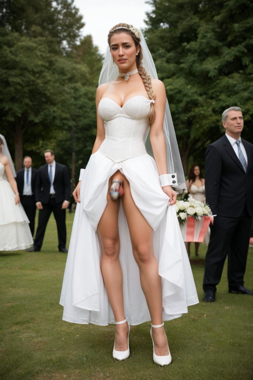 Wearing White Leather Cuffs On Wrists, In The Other Hand Holding Bouquet, Transgender Man AI Porn