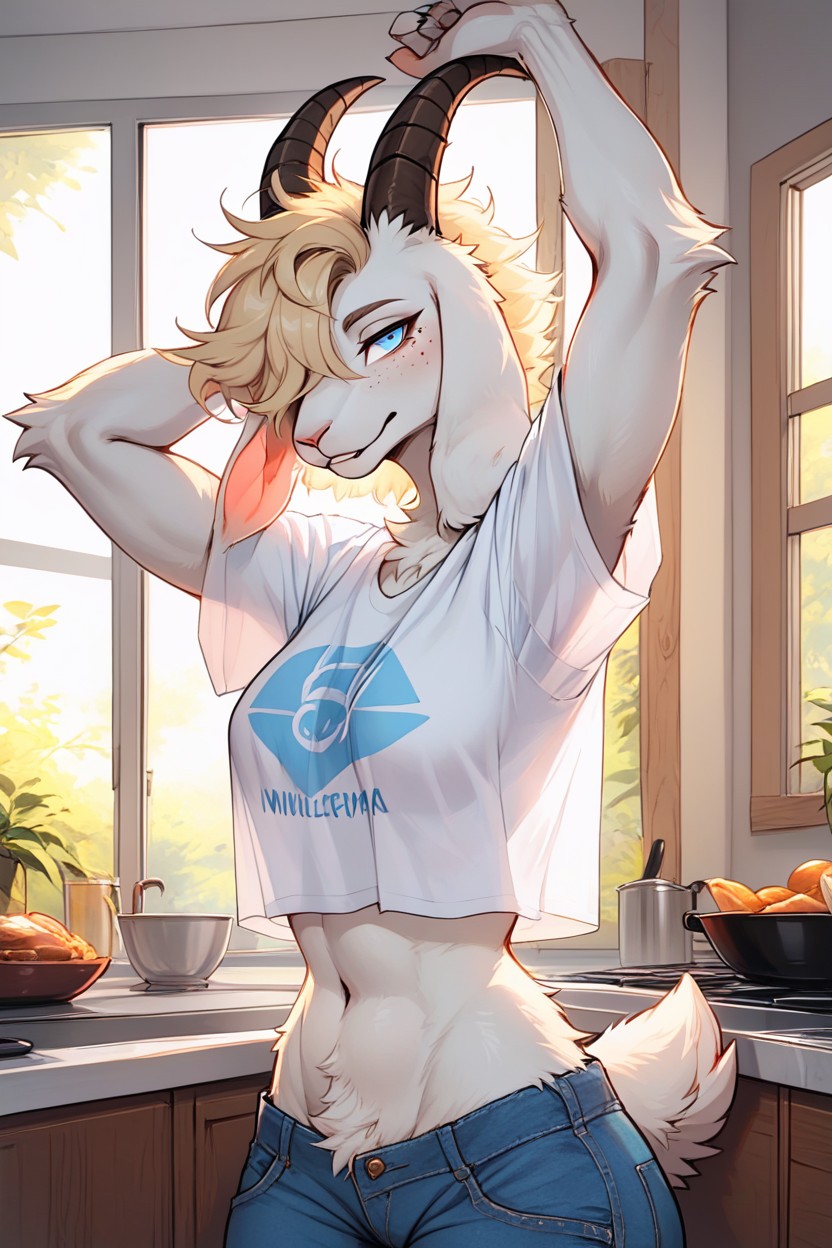 Closed Eye, Human Malet-shirt Jeanshugging Human Male, Skinny Furry AI Porn