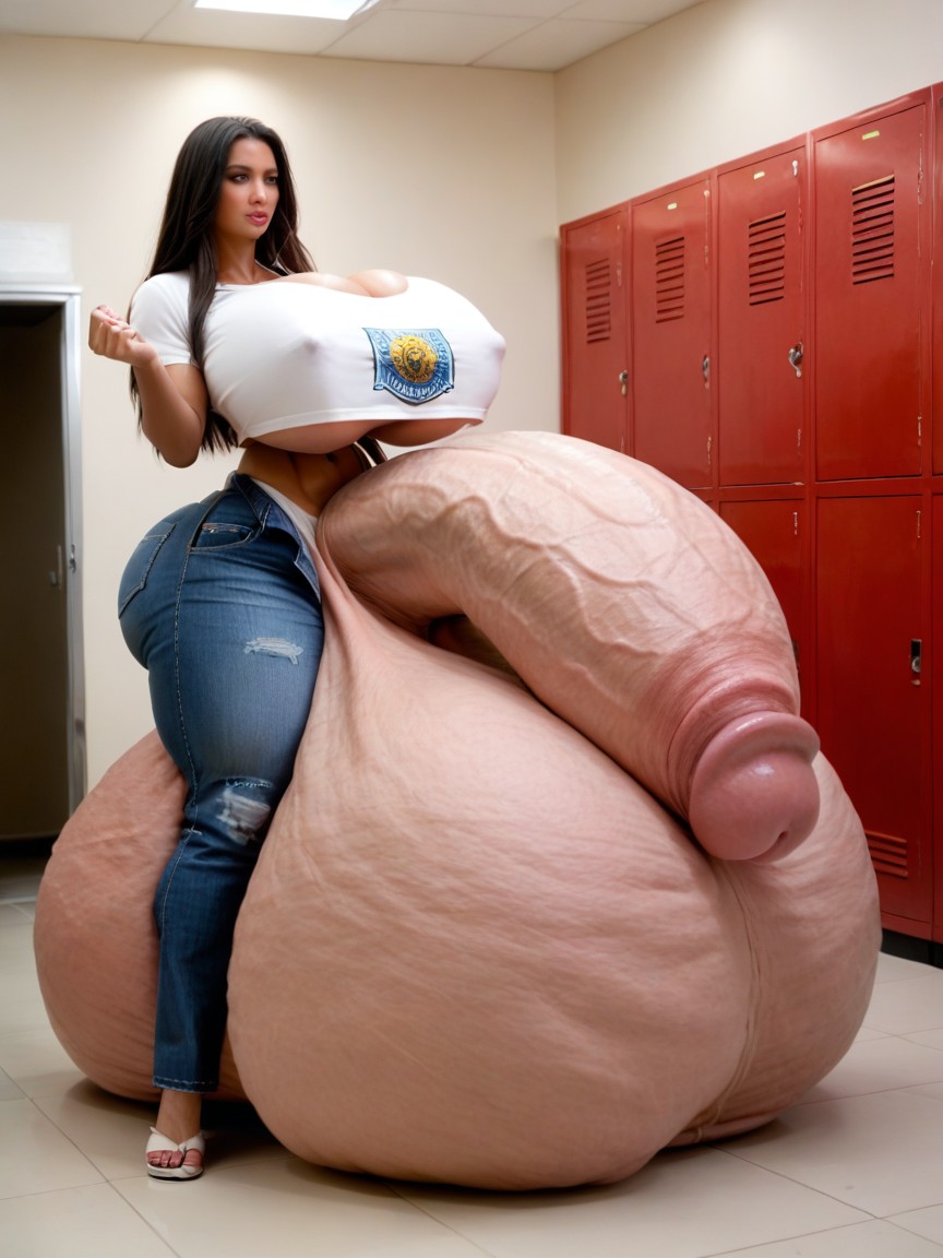 Hyper Balls, Penis Bulging In Her Shirt Between Her Tits, Massive Lengthy Erection Shemale AI Porn