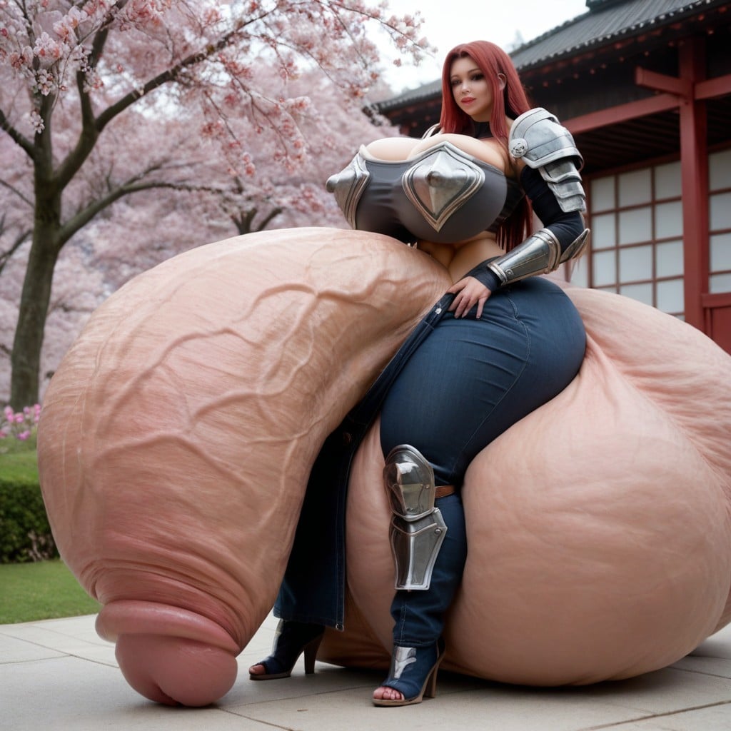 Penis Bulging In Her Armor Between Her Tits, Hyper Round Ass, Japonais Porno IA transsexuelle