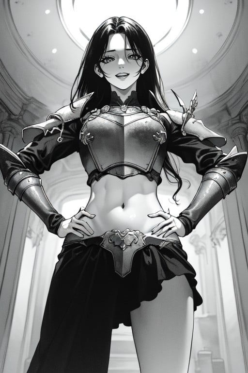 Navel Exposed, Black & White Manga, Hands On Hips AI Porn