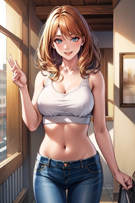 Navel Exposed, Jeans, Happy AI Porn