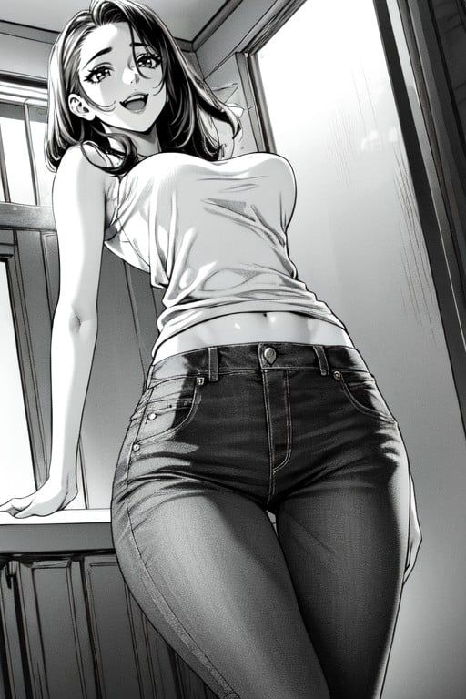 Black & White Manga, Happy, Jeans AI Porn