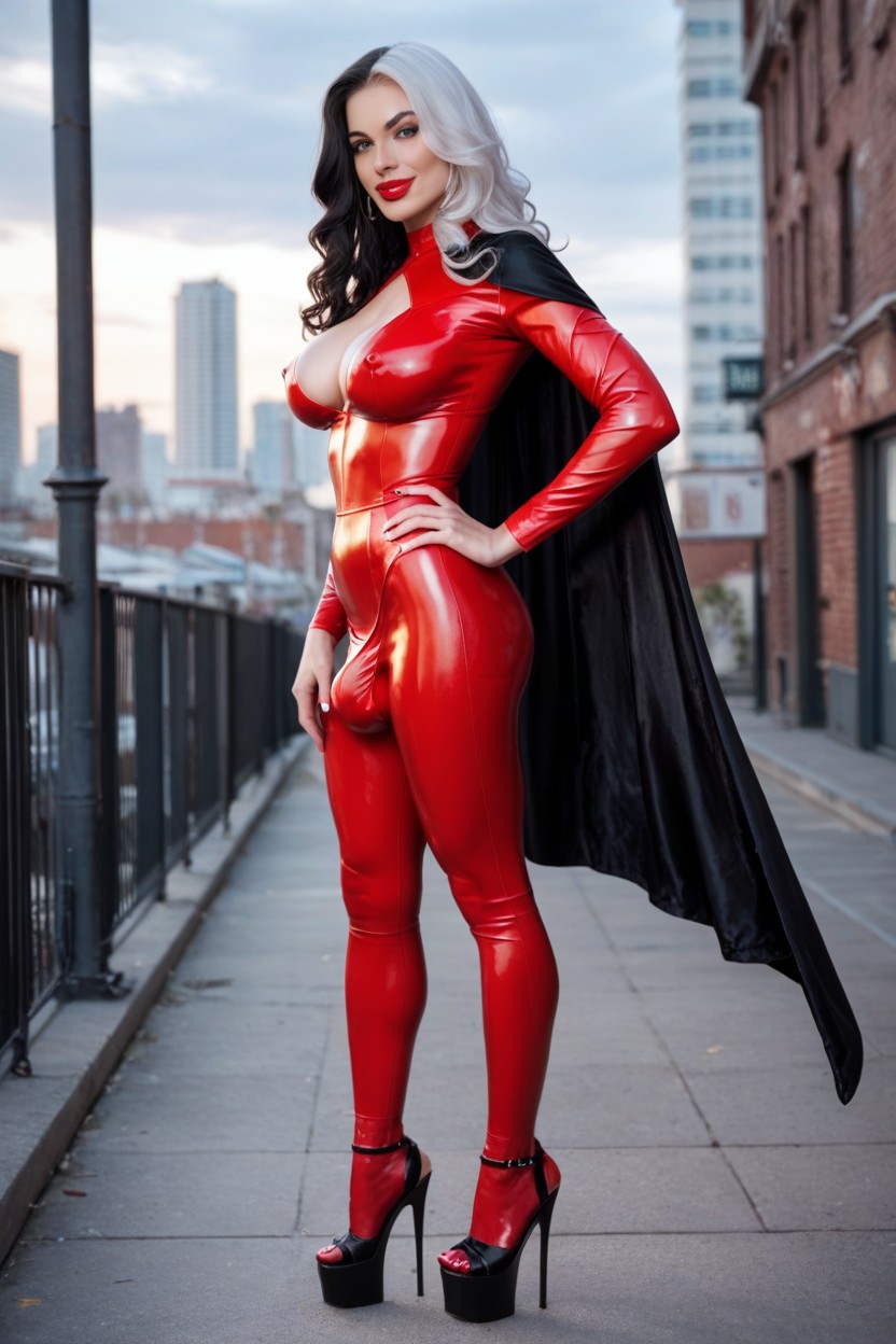 Bulge, Red Latex Catsuit, Large Breasts Shemale AI Porn