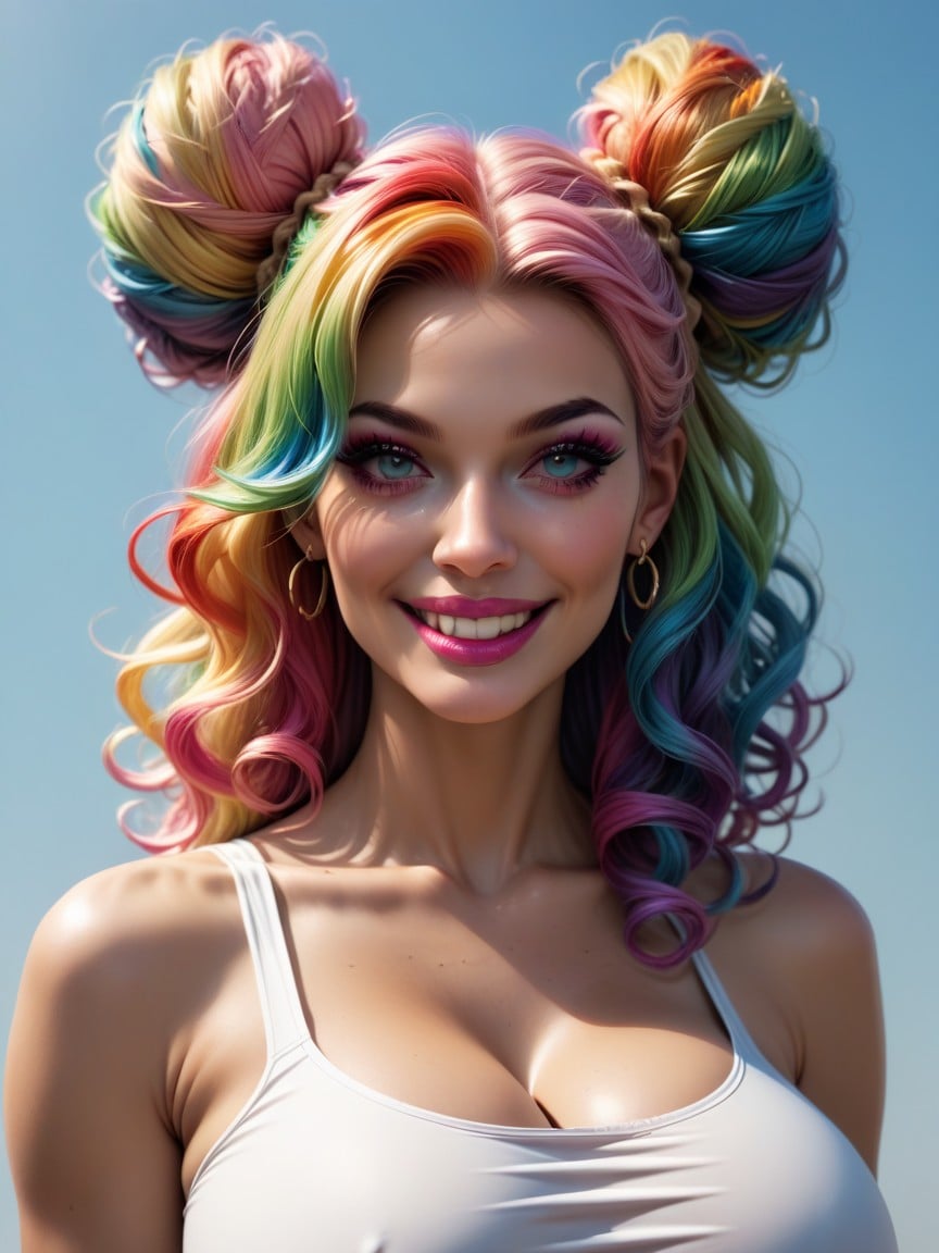 Rainbow Hair, Curly Hair, Massive Double Bun AI Porn