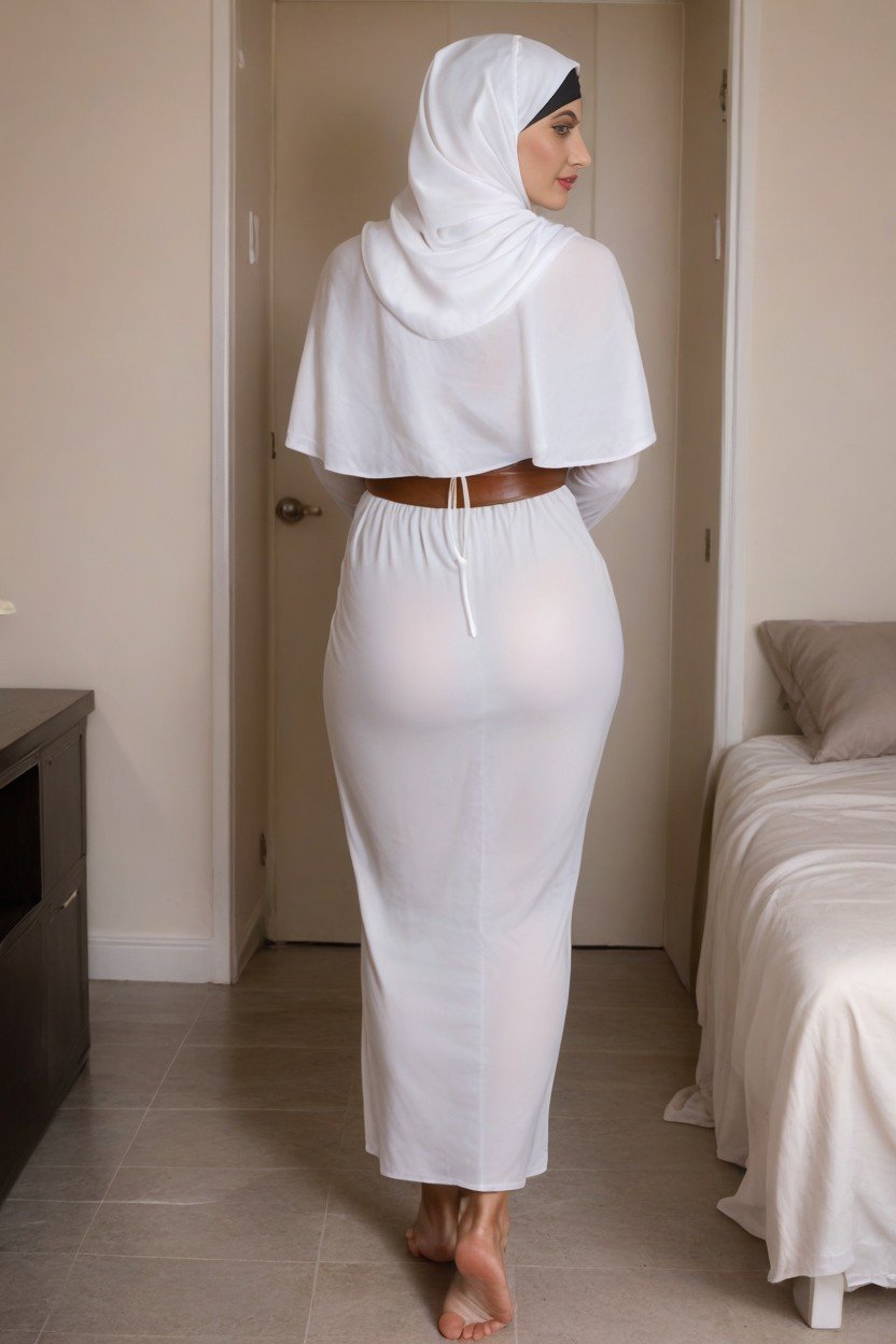 Feet Inches Tall Full Cover Black Abaya And Hijab Ankle Socks Curvy Fully Clothed Picking Up Laundry, Eyes Half Closed, Massive Ass AI Porn