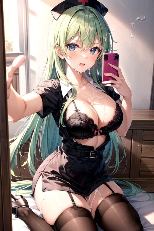 Thick Lines, Light Green Hair, Close UpAIポルノ