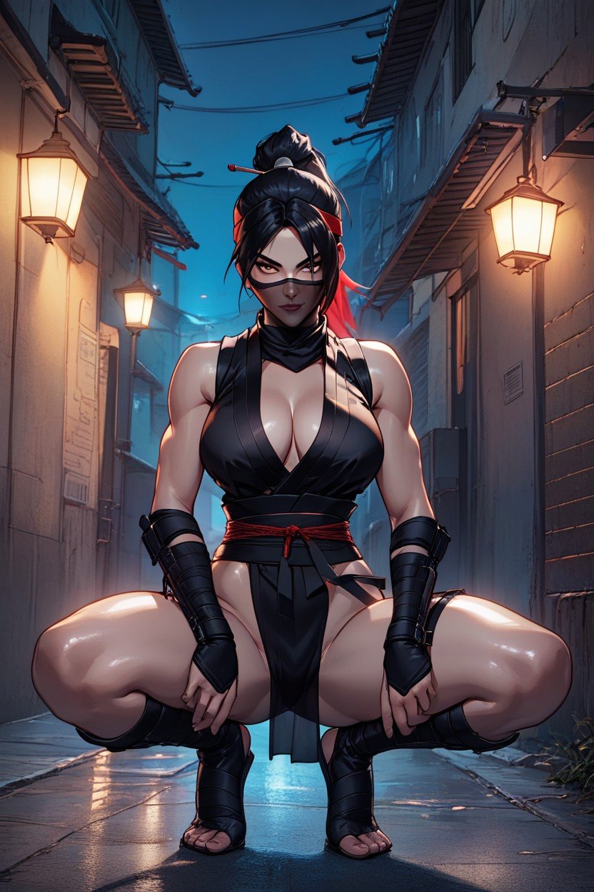 Crouching, Ninja, Wearing Black Ninja Outfit AI Porn