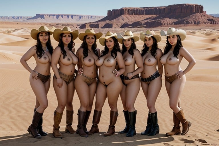 ハーレム, モデル, Large Breast Large Ass Mischievoussmiling While Blushing Harem Naked Spread_pussy Nsfw Pubic_hair Sweaty Tattoo Cowboy_boots Cowboy_hat Wild WestAIポルノ