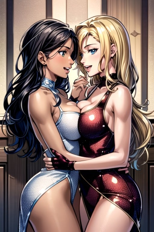 Girls Hugging, Comic, Dark Brown Skin AI Porn