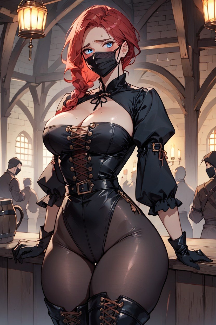 Exposed Thighs, Black Gloves, Thigh Clothes Medieval Tavern BackgroundAI 포르노