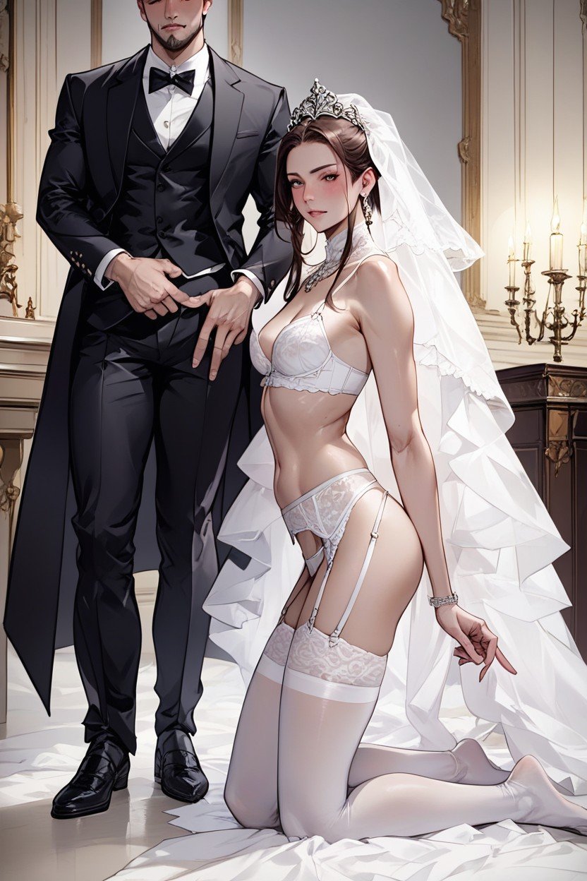 White Garter Belt, Brunette Bride Girl, Nearly_flat_chest AI Porn