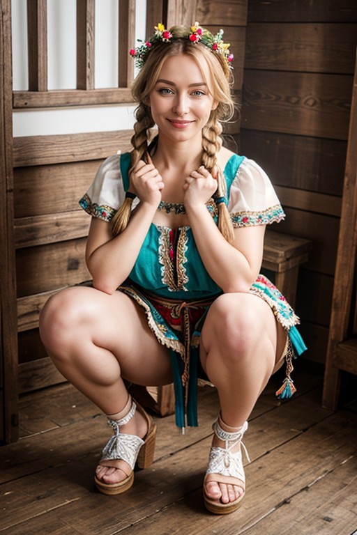 Pigtails, Squatting, Flower Crown Colorful Slavic Folk Dress Wooden Cottage Interior Thighs Exposed AI Porn