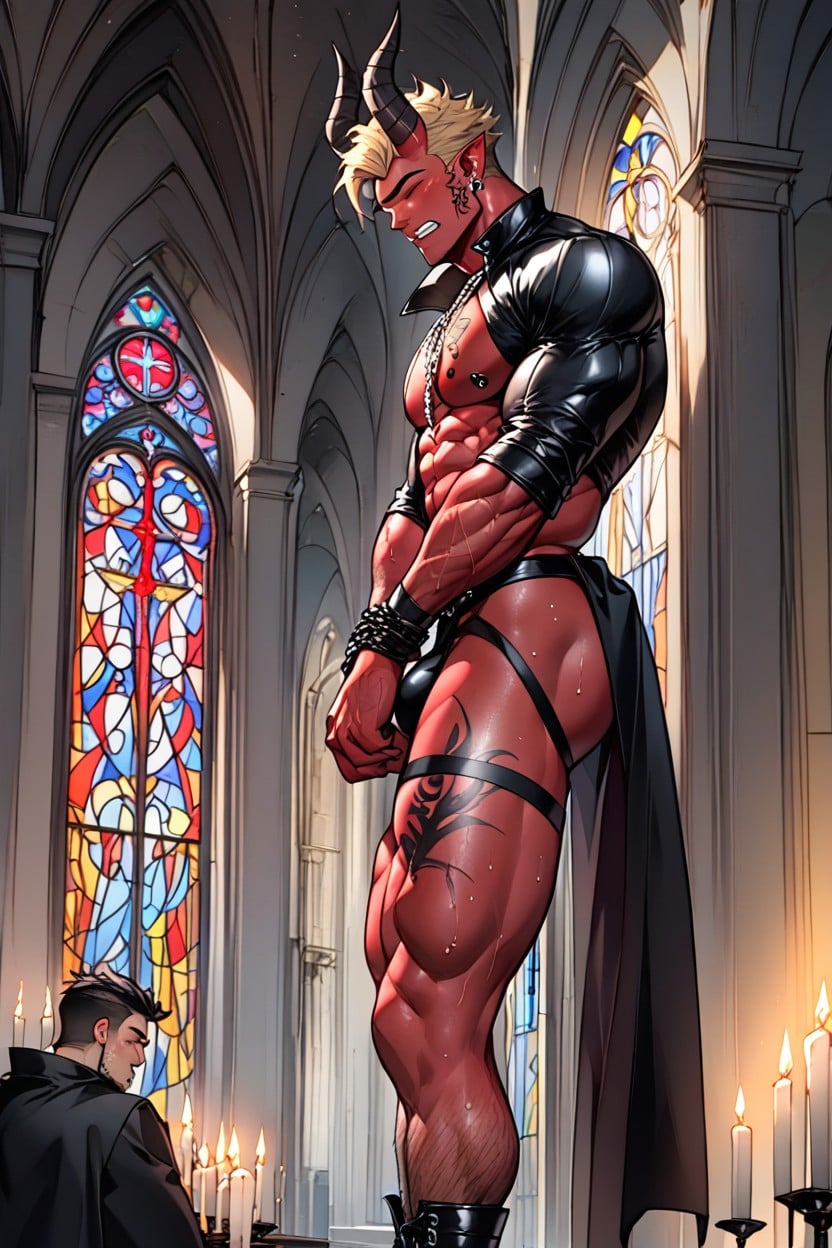 Clenched Teeth, Large Ass, Tattoos Black Eyes All His Skin Is Red In A Spooky Dimly Lit Church At Night AI Gay Porn