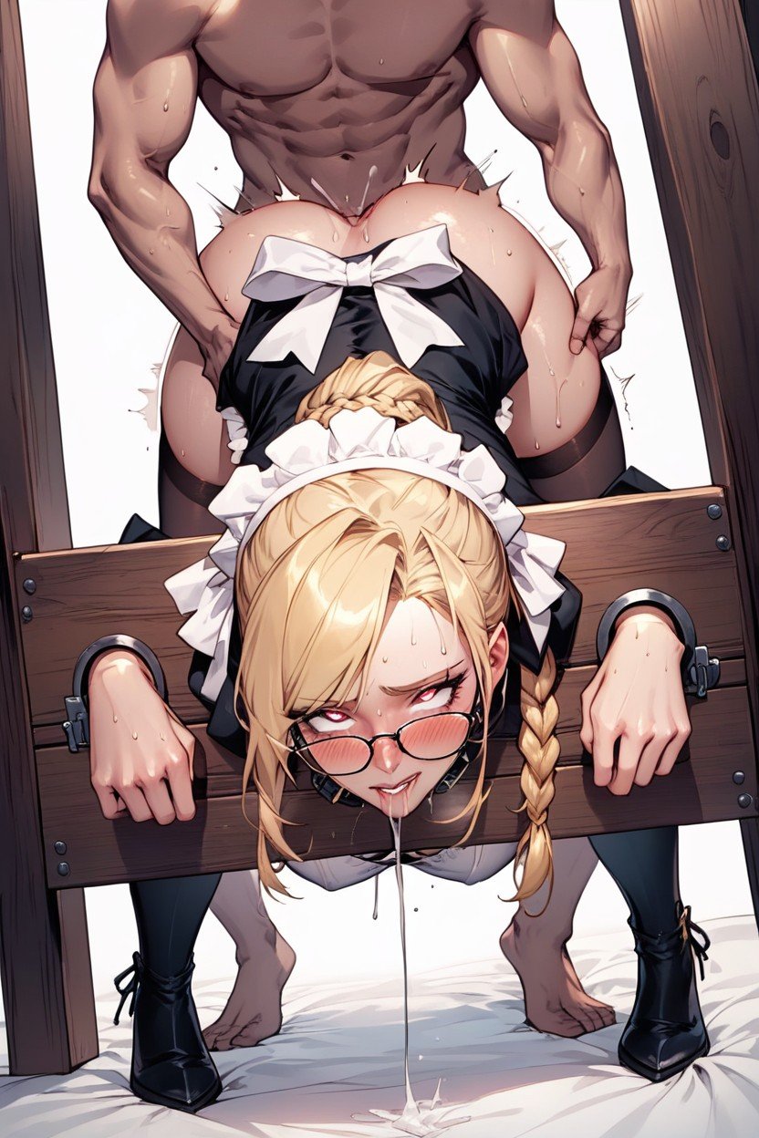 With Glasses And Braided Hair, Wearing Detailed Maid Outfit White Male In A Suit, Collar On A LeashPorno AI