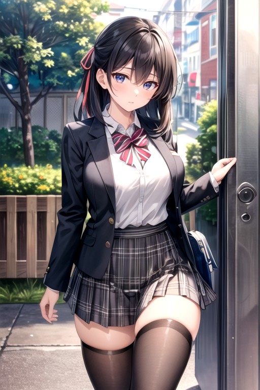 Plaid Skirt, School Uniform, Hair Ribbon AI Porn