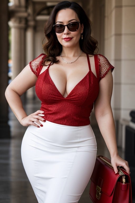 Red Handbag, Wide Angle, White Blouse AI Porn