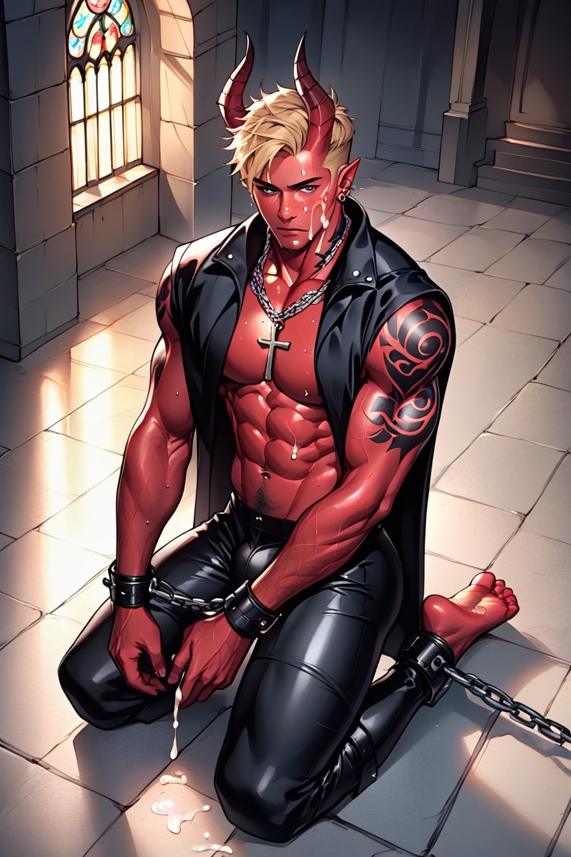 Tall, Muscular Calf Muscles, Handsome Boyish Biker Devil With Red Skin AI Gay Porn