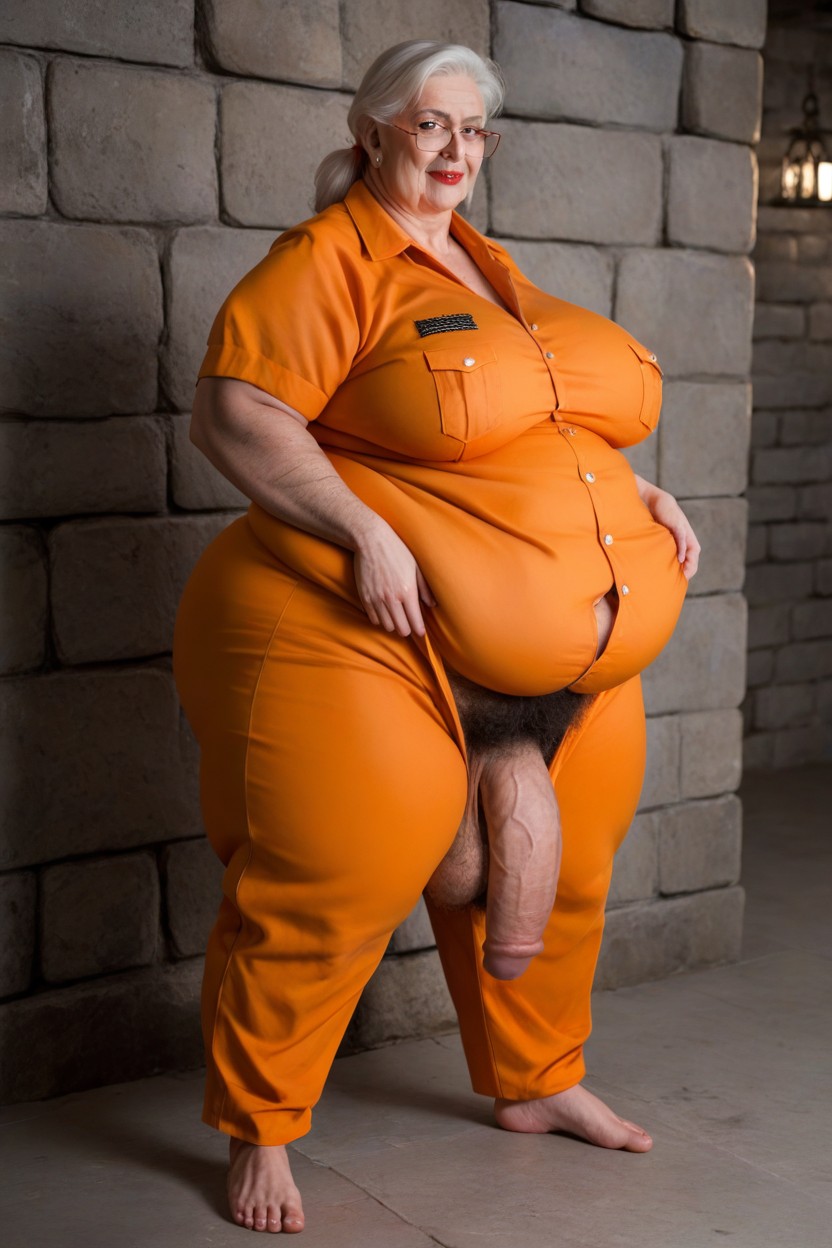 Massive Breasts, Orange Jumpsuit Huge Bulge Under Clothing, Prison Jumpsuit Shemale AI Porn