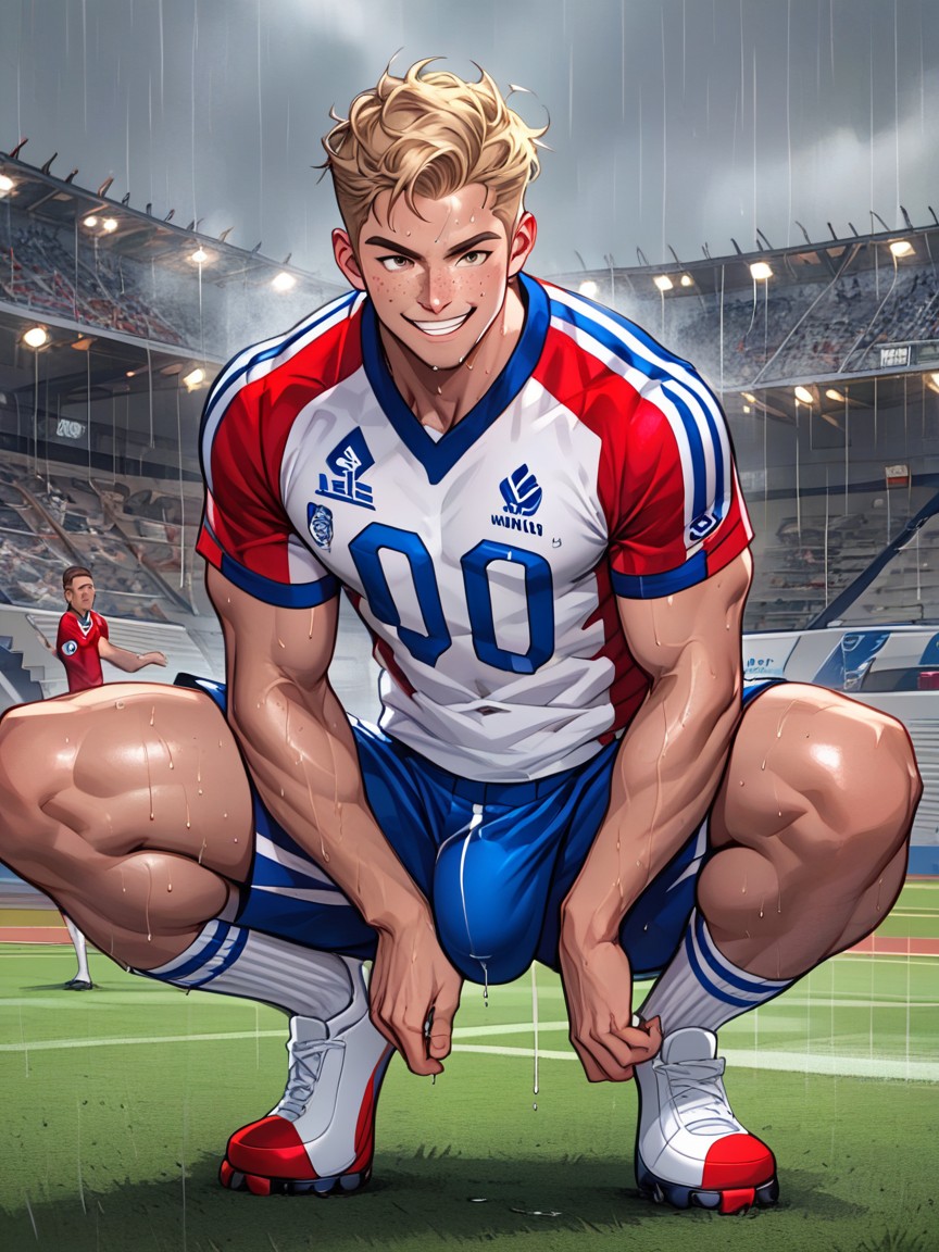 Blonde Hair, Brown Eyes, Squatting AI Gay Porn