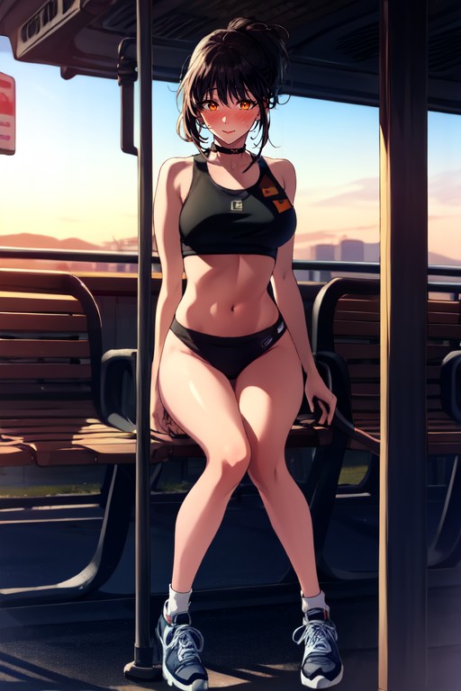 Visible Ribcage, Black Eyelashes, Wearing Loose Black Sport Hentai AI Porn