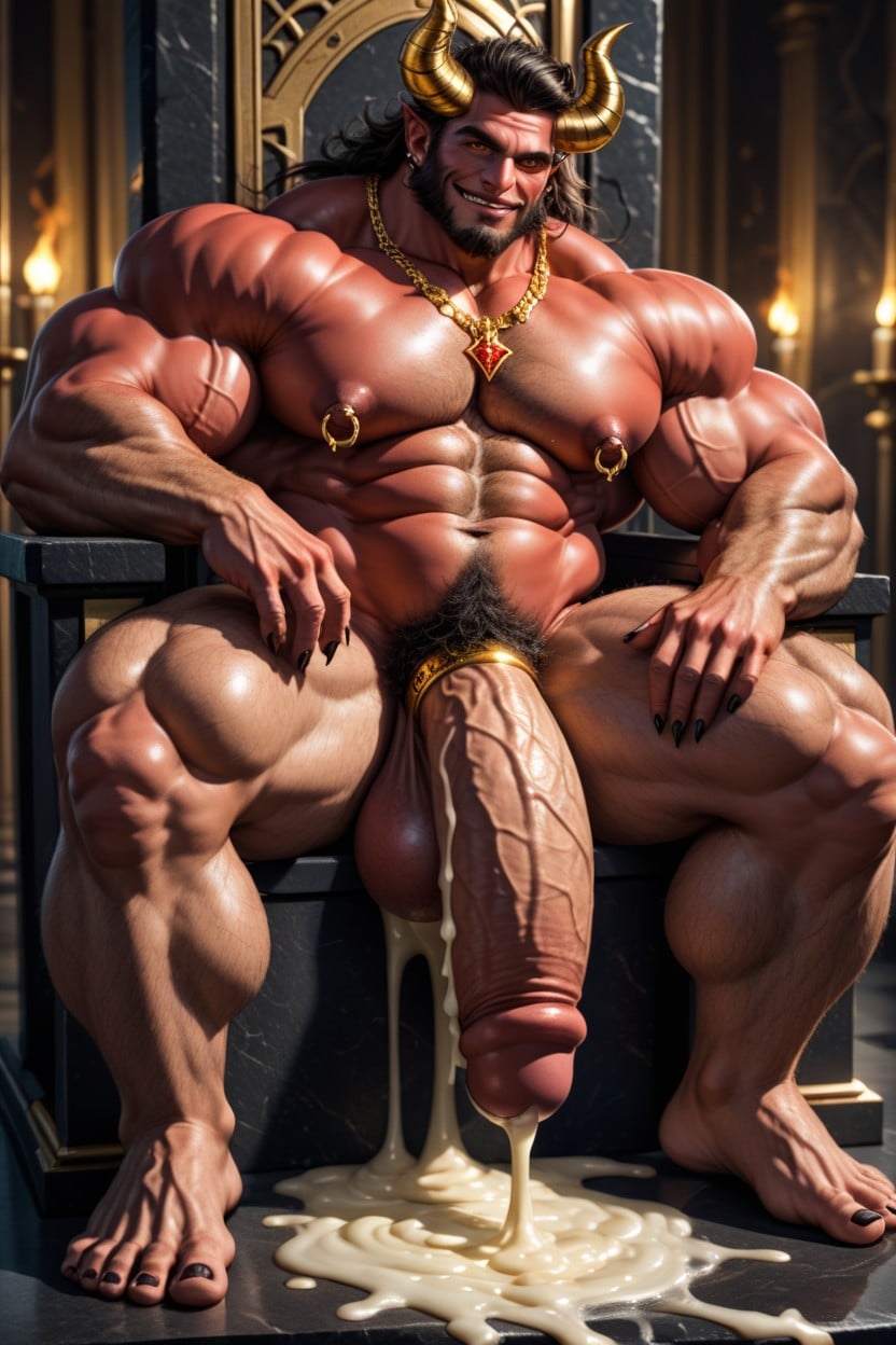 Red Skin, Wide Gold Cock Ring, Sitting On A Demonic Throne AI Gay Porn