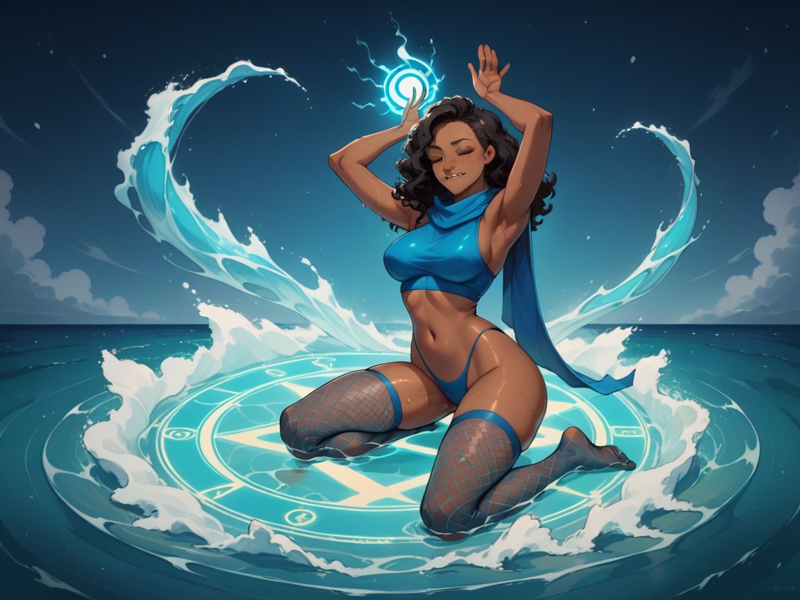 Human Girl, Short Breasts, Neon Light Blue Hands AI Porn