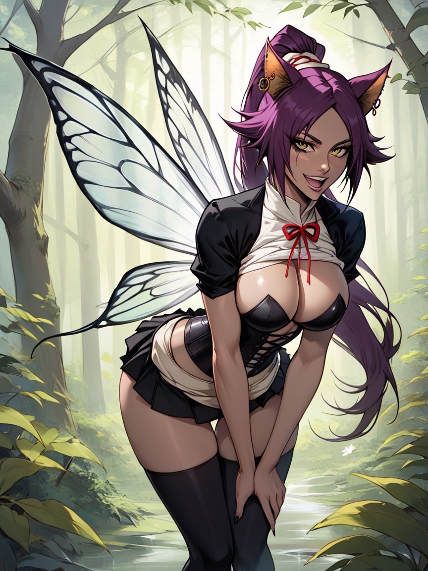 Open Clothes, Yoruichi Shihōinbleachwith Cat Ears, Shirt Lift Furry AI Porn